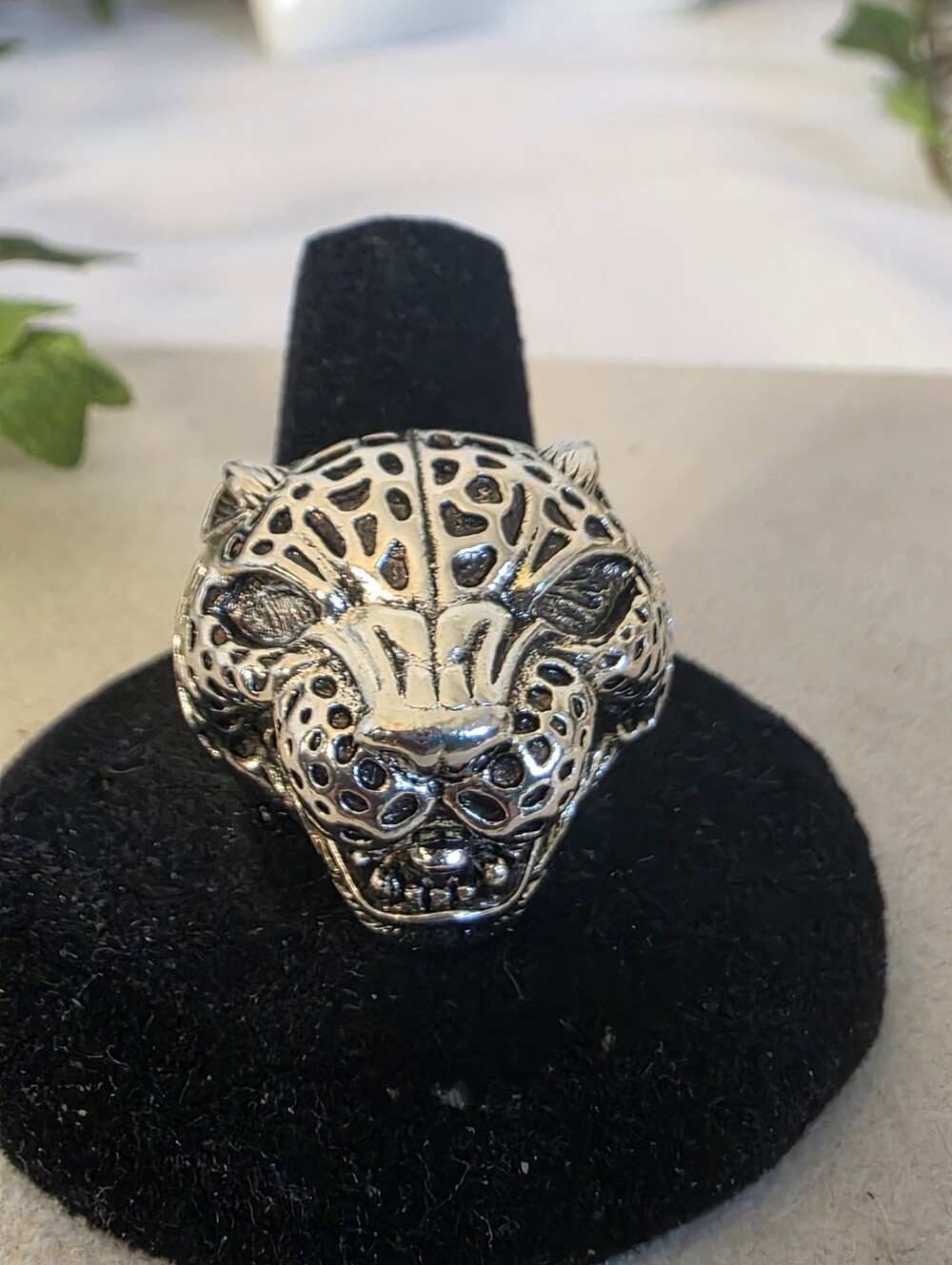 Silver Leopard Panther Head Ring Bold Leopard Print Biker Cocktail Ring Sz 11.5